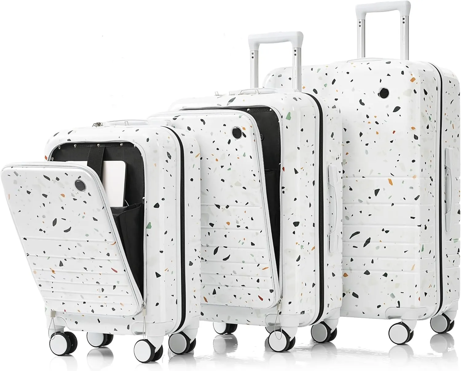 Luggage Set of 3, 20, 24, 28inch with USB Port, 20, 24inch with front opening design Airline Certified Carry on Luggage with Cup Holder, ABS PC Hard Shell Luggage with Spinner Wheels, Ivory