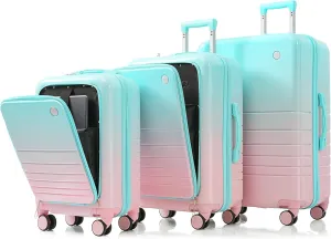 Luggage Set of 3, 20, 24, 28inch with USB Port, 20, 24inch with front opening design Airline Certified Carry on Luggage with Cup Holder, ABS PC Hard Shell Luggage with Spinner Wheels, light blue