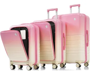Luggage Set of 3, 20, 24, 28inch with USB Port, 20, 24inch with front opening design Airline Certified Carry on Luggage with Cup Holder, ABS PC Hard Shell Luggage with Spinner Wheels, pink