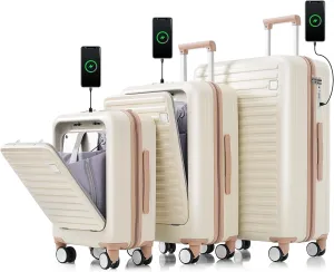 Luggage Set of 3, 20, 24, 28Inch with Usb Port,Front Opening Design Airline Certified Carry on Luggage with Cup Holder, Abs Hard Shell Luggage with Spinner Wheels, Ivory and Gloden