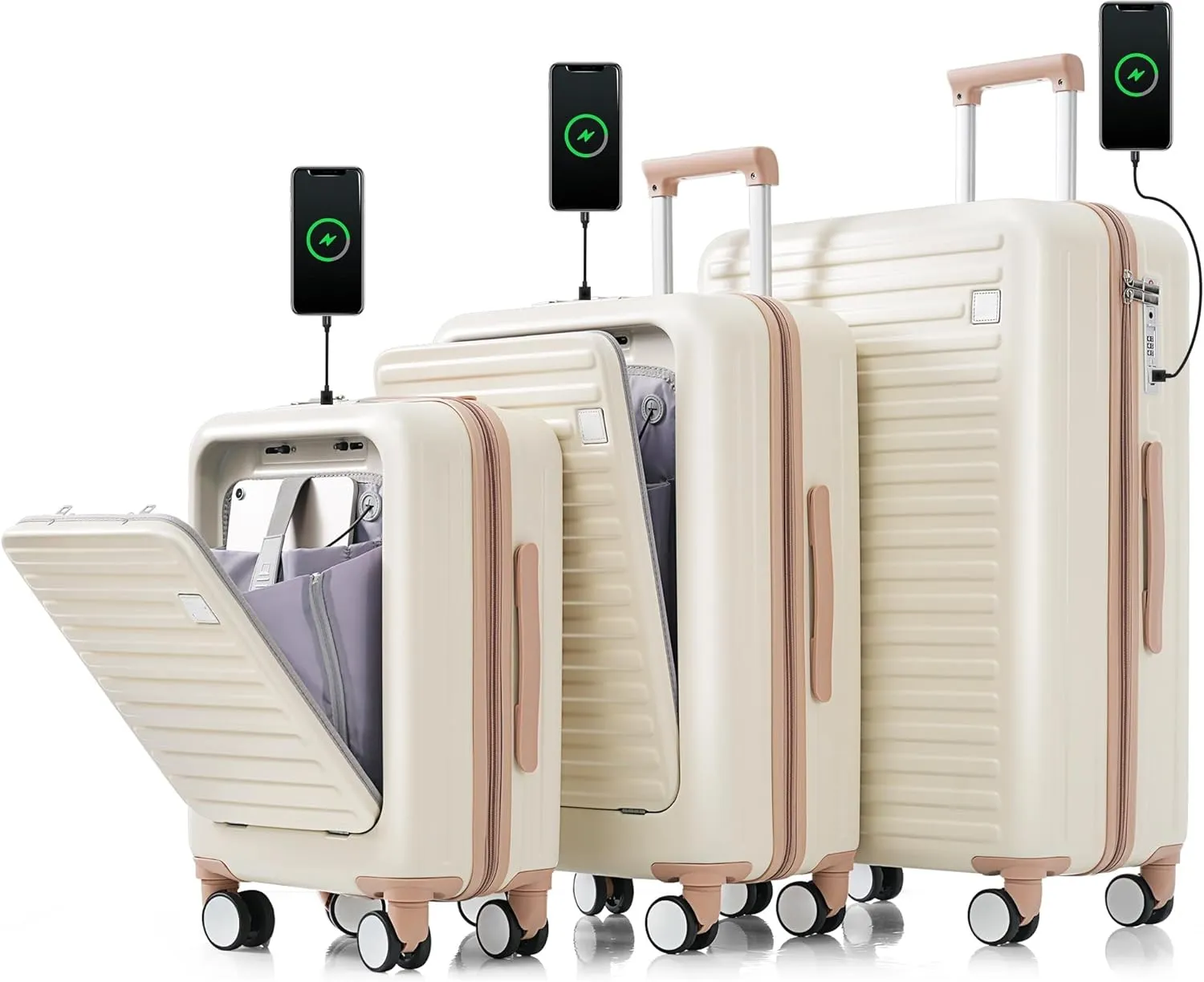 Luggage Set of 3, 20, 24, 28Inch with Usb Port,Front Opening Design Airline Certified Carry on Luggage with Cup Holder, Abs Hard Shell Luggage with Spinner Wheels, Ivory and Gloden