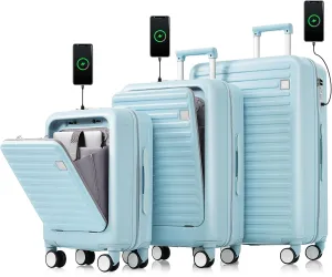 Luggage Set of 3,20,24, 28Inch with Front Opening Design Airline Certified Carry on Luggage with Cup Holder, Abs Hard Shell Luggage with Spinner Wheels, Light Blue