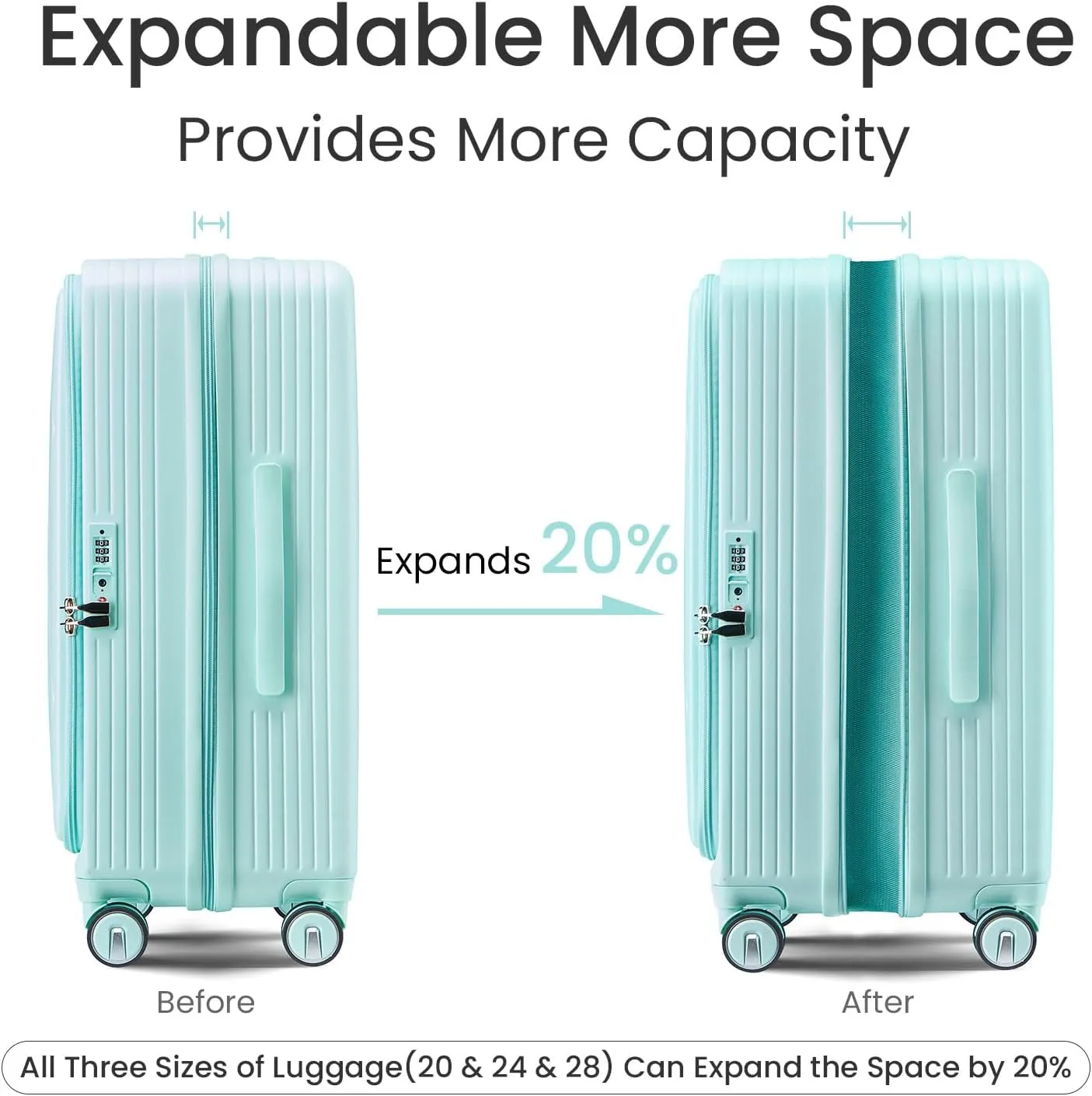 Luggage Sets 3 Piece(20/24/28), Expandable Carry On Luggage with TSA Lock Airline Approved, 100% PC Hard Shell and Lightweight Suitcase with Front Pocket and Spinner Wheels (Mint Green)
