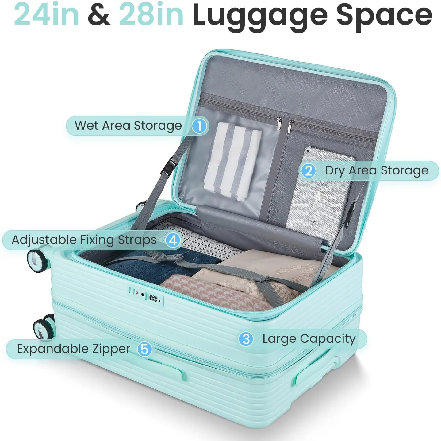 Luggage Sets 3 Piece(20/24/28), Expandable Carry On Luggage with TSA Lock Airline Approved, 100% PC Hard Shell and Lightweight Suitcase with Front Pocket and Spinner Wheels (Mint Green)
