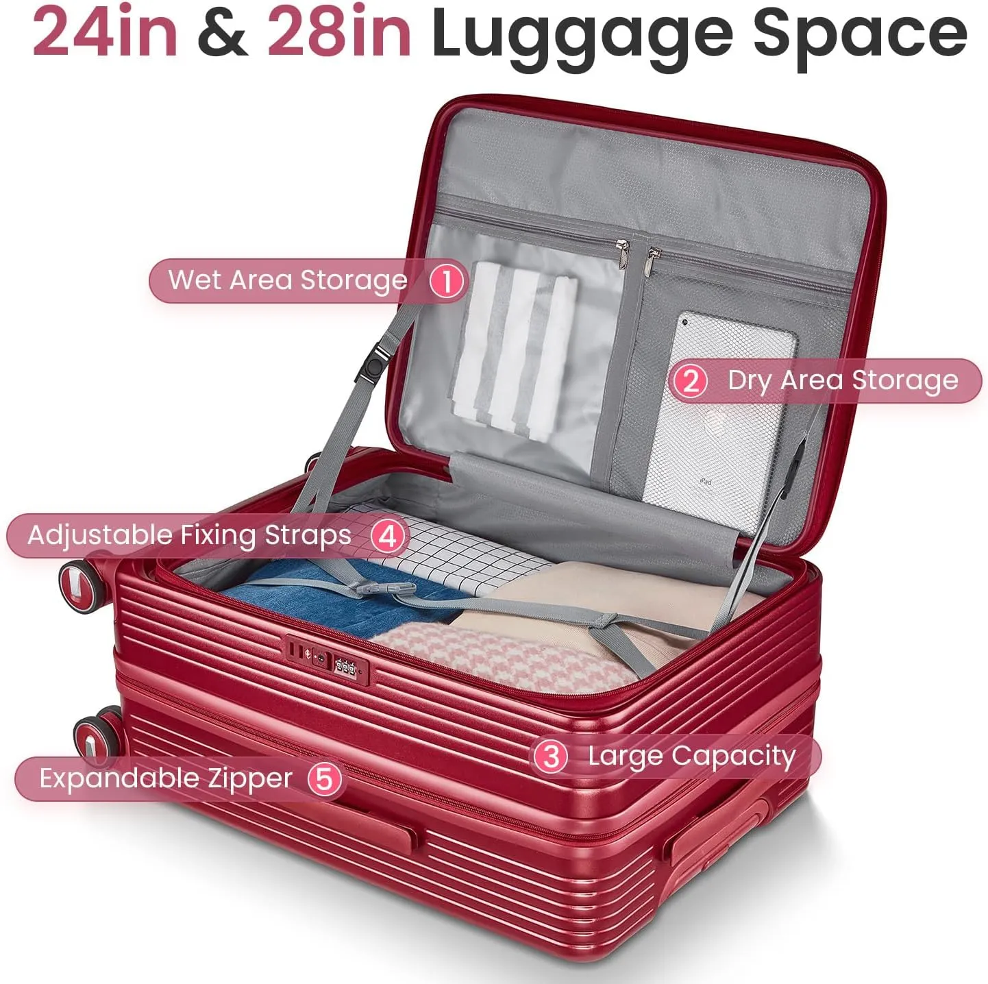 Luggage Sets 3 Piece(20/24/28), Expandable Carry On Luggage with TSA Lock Airline Approved, 100% PC Hard Shell and Lightweight Suitcase with Front Pocket and Spinner Wheels (WINE RED)