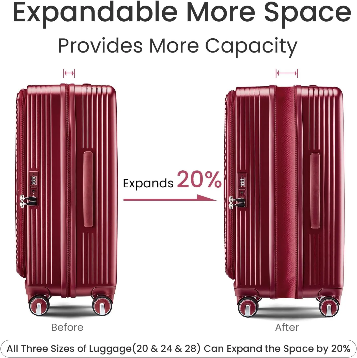 Luggage Sets 3 Piece(20/24/28), Expandable Carry On Luggage with TSA Lock Airline Approved, 100% PC Hard Shell and Lightweight Suitcase with Front Pocket and Spinner Wheels (WINE RED)