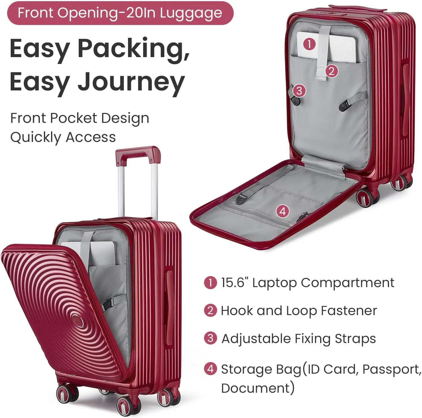 Luggage Sets 3 Piece(20/24/28), Expandable Carry On Luggage with TSA Lock Airline Approved, 100% PC Hard Shell and Lightweight Suitcase with Front Pocket and Spinner Wheels (WINE RED)