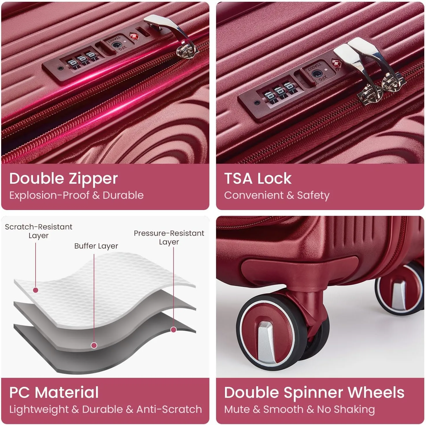 Luggage Sets 3 Piece(20/24/28), Expandable Carry On Luggage with TSA Lock Airline Approved, 100% PC Hard Shell and Lightweight Suitcase with Front Pocket and Spinner Wheels (WINE RED)