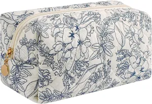 Makeup Bag Travel Cosmetic Bag for Women Girls, Zipper Make Up Pouch, Floral Flowers Toiletry Organizer Makeup, Portable Storage Bag, Cosmetic Travel Cloth Bag (Navy Blue Flower)