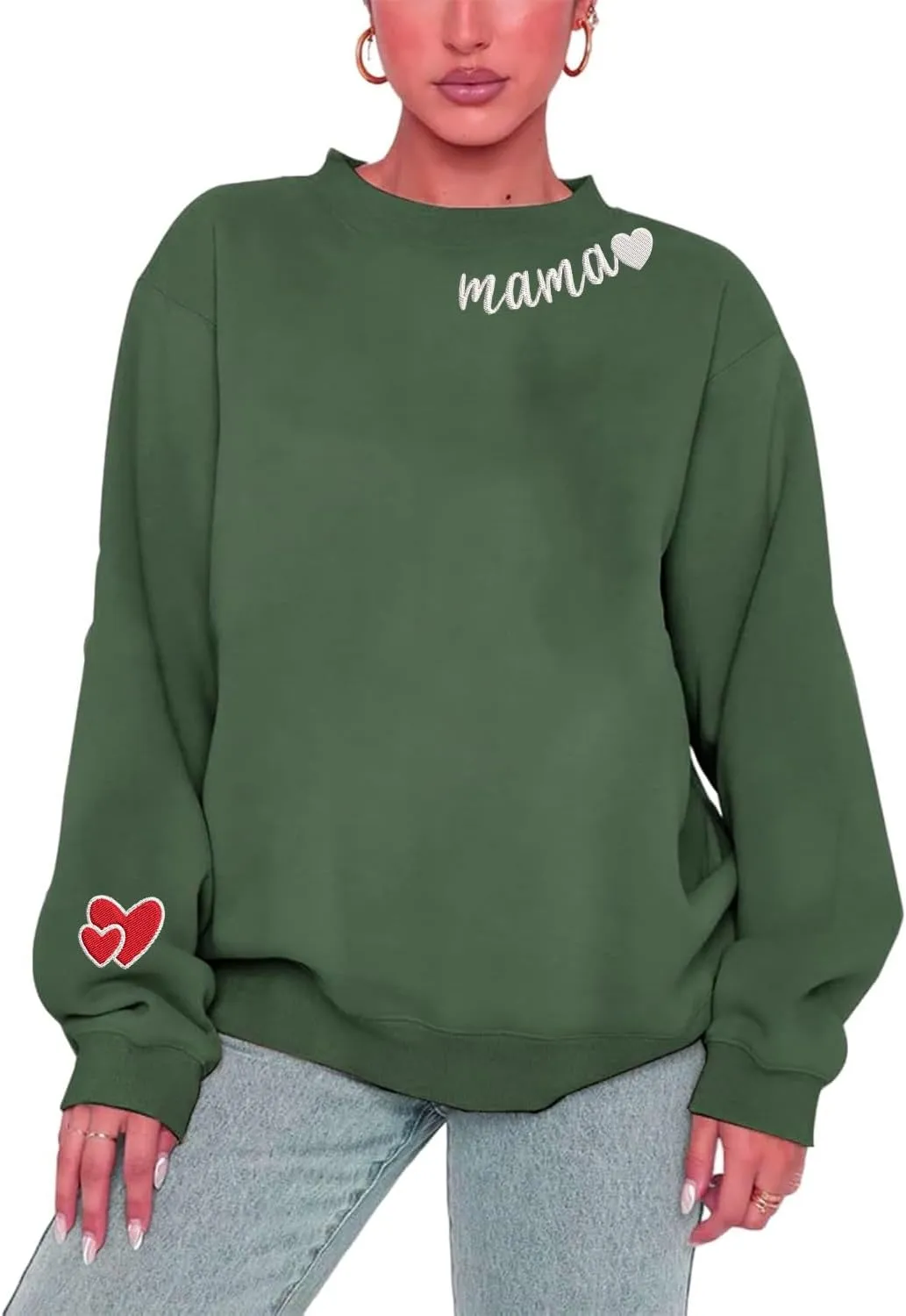 Mama Embroidered Crewneck Sweatshirt, Mama Neckline Sweater with Heart on Sleeve, Mama Pullover Size M-4XL