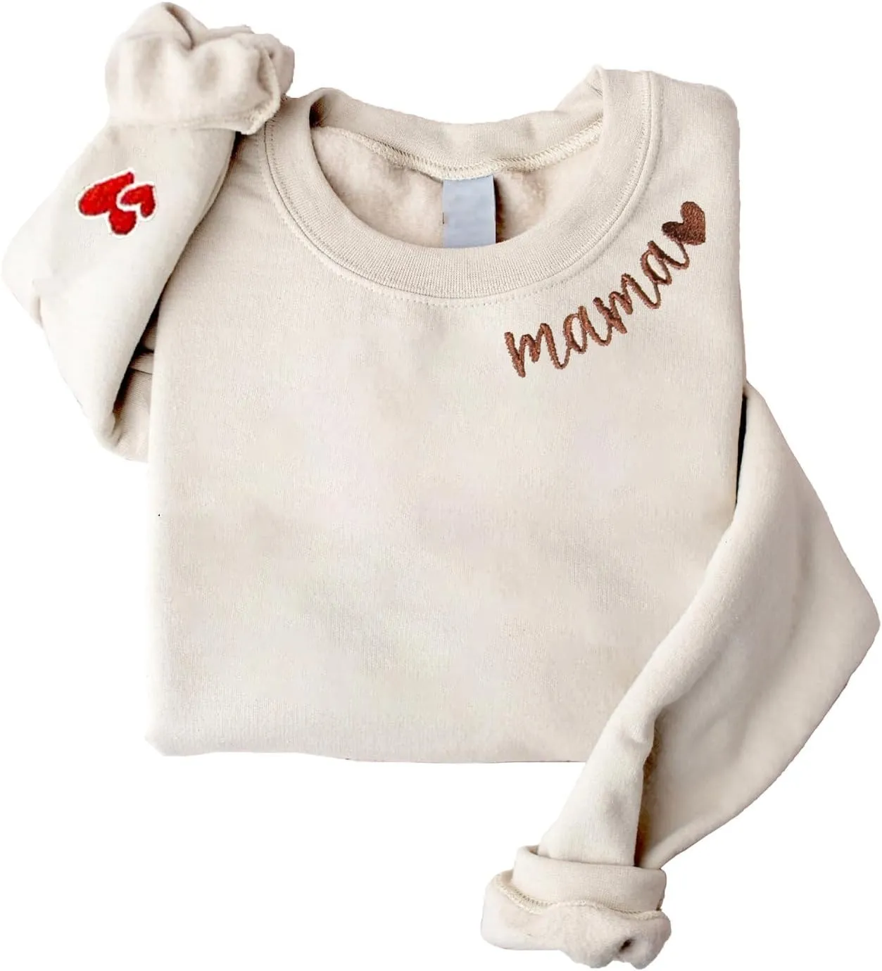 Mama Embroidered Crewneck Sweatshirt, Mama Neckline Sweater with Heart on Sleeve, Mama Pullover Size M-4XL