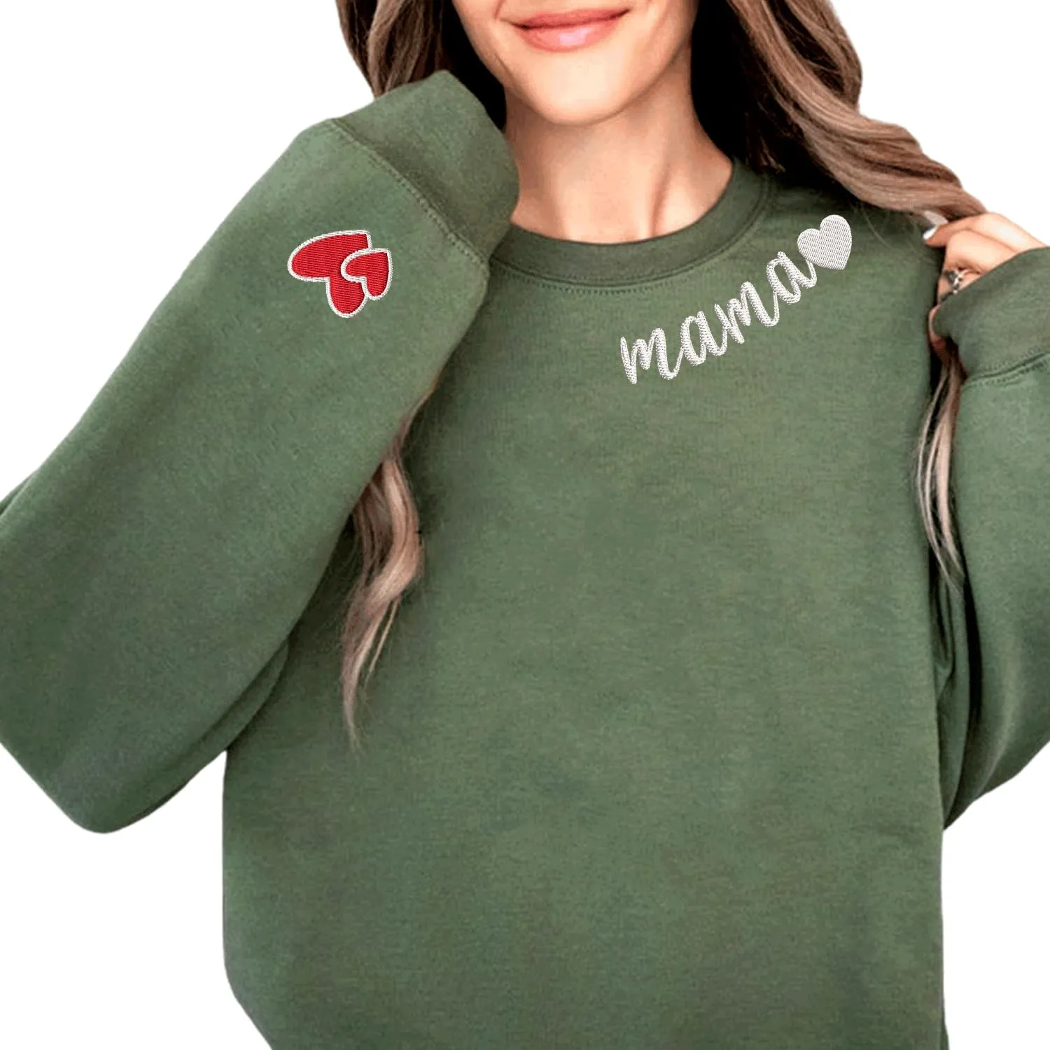 Mama Embroidered Crewneck Sweatshirt, Mama Neckline Sweater with Heart on Sleeve, Mama Pullover Size M-4XL