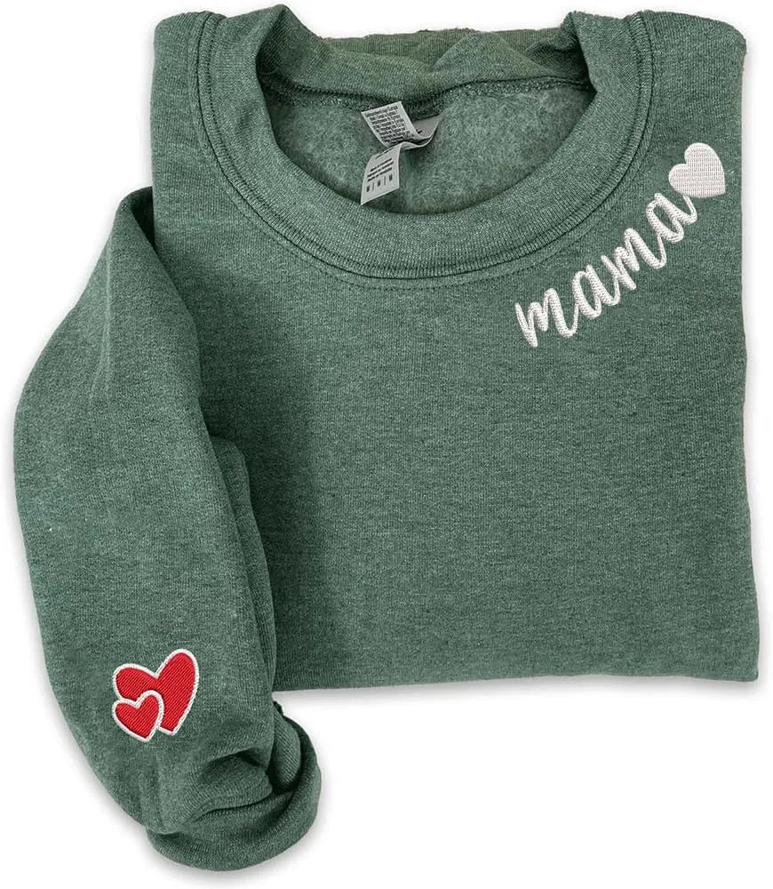 Mama Embroidered Crewneck Sweatshirt, Mama Neckline Sweater with Heart on Sleeve, Mama Pullover Size M-4XL