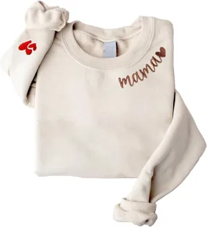 Mama Embroidered Crewneck Sweatshirt, Mama Neckline Sweater with Heart on Sleeve, Mama Pullover Size M-4XL