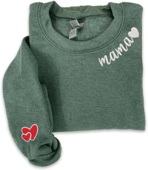 Mama Embroidered Crewneck Sweatshirt, Mama Neckline Sweater with Heart on Sleeve, Mama Pullover Size M-4XL