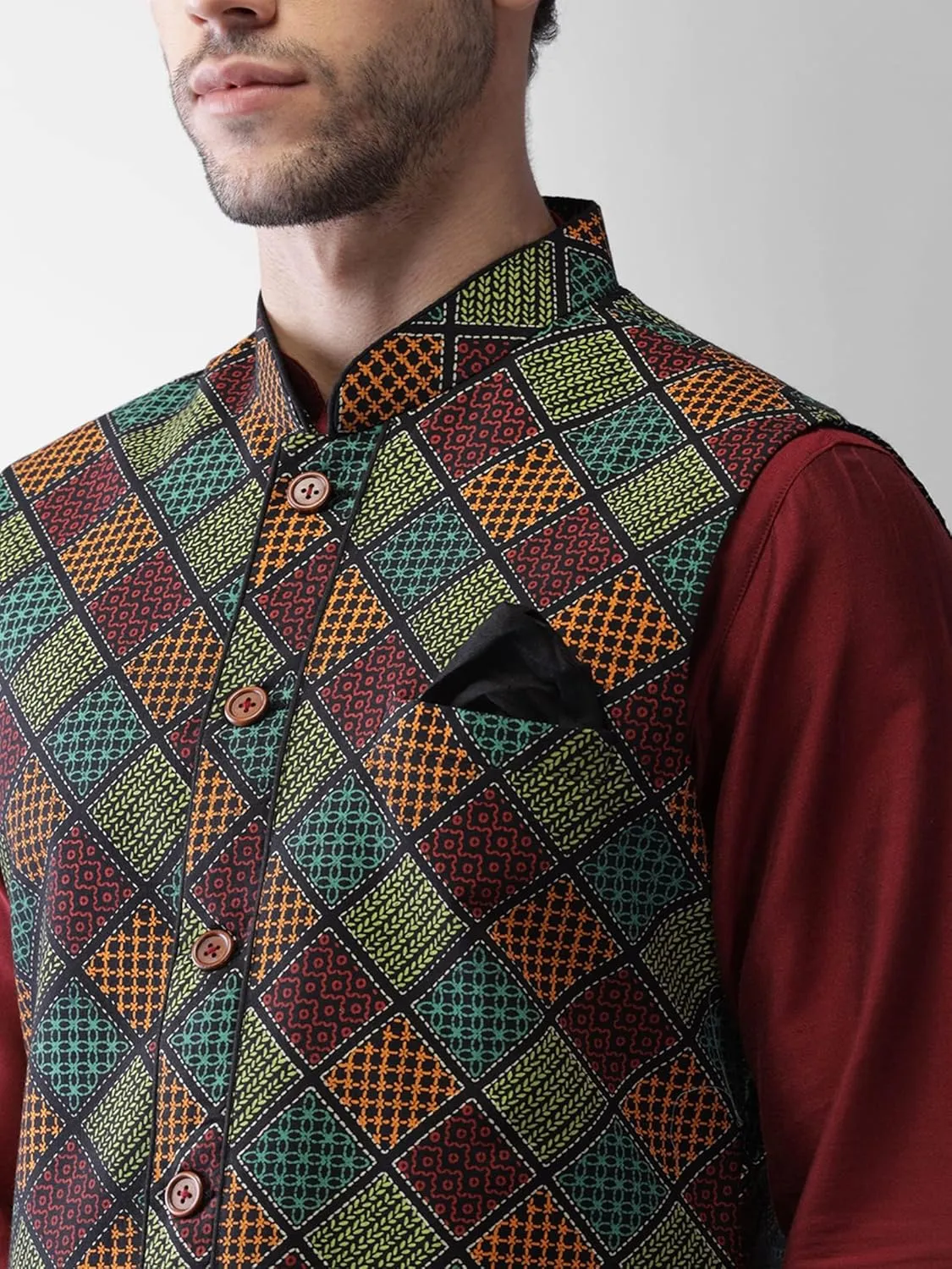 Men's Printed Cotton Nehru Jacket- Traditional Indian Waistcoat for Weddings & Festive Occasions
