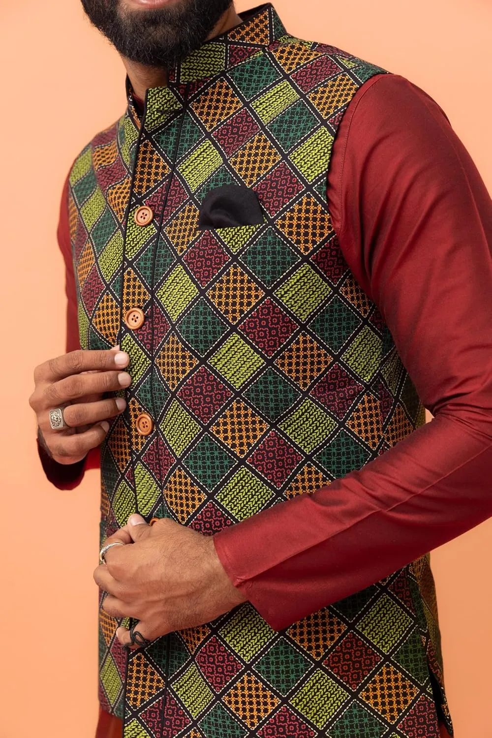Men's Printed Cotton Nehru Jacket- Traditional Indian Waistcoat for Weddings & Festive Occasions