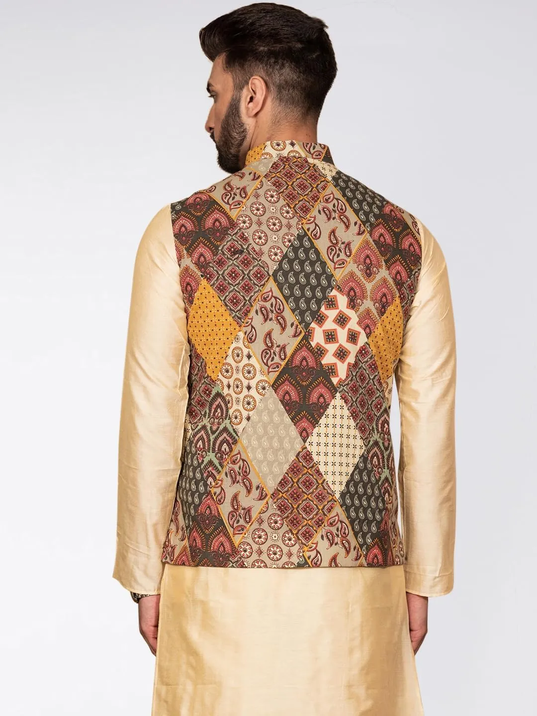Men's Printed Cotton Nehru Jacket- Traditional Indian Waistcoat for Weddings & Festive Occasions