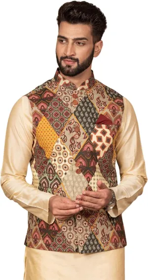 Men's Printed Cotton Nehru Jacket- Traditional Indian Waistcoat for Weddings & Festive Occasions