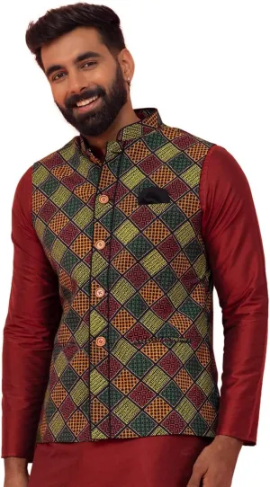Men's Printed Cotton Nehru Jacket- Traditional Indian Waistcoat for Weddings & Festive Occasions