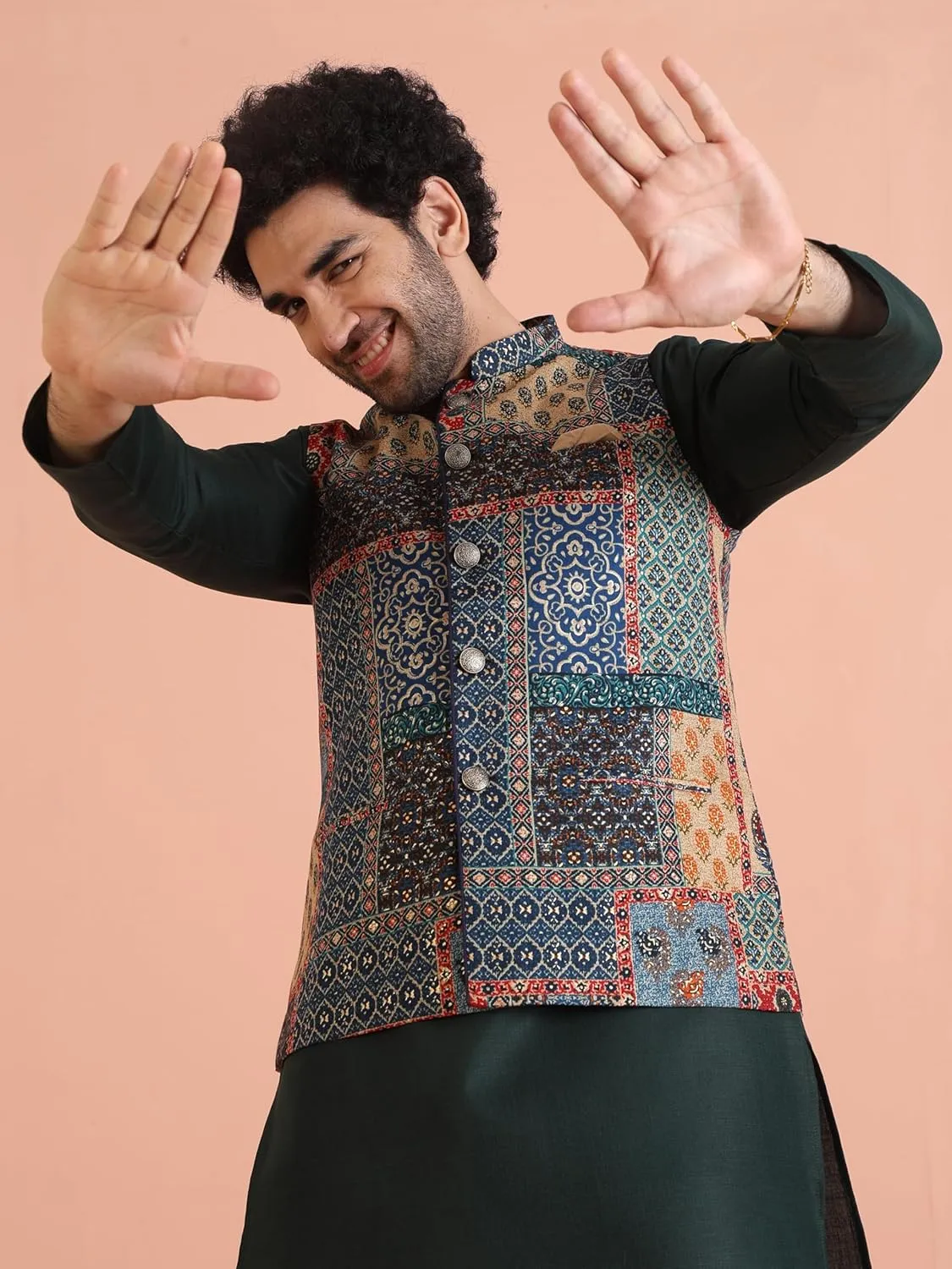 Men's Printed Cotton Nehru Jacket- Traditional Indian Waistcoat for Weddings & Festive Occasions