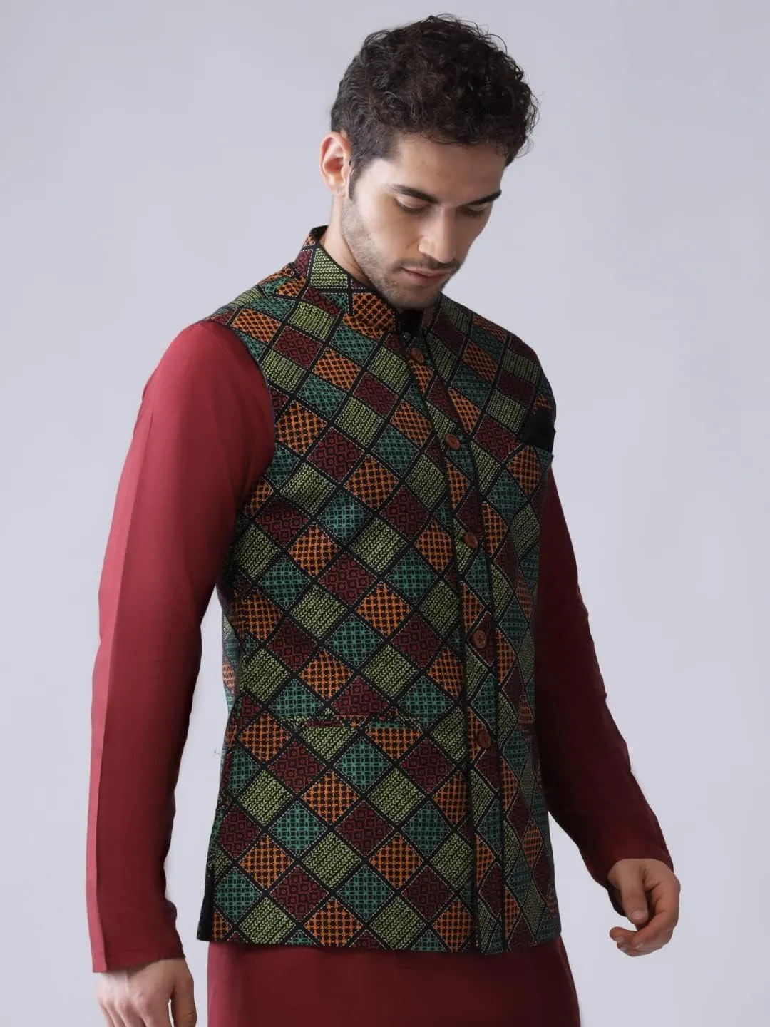 Men's Printed Cotton Nehru Jacket- Traditional Indian Waistcoat for Weddings & Festive Occasions