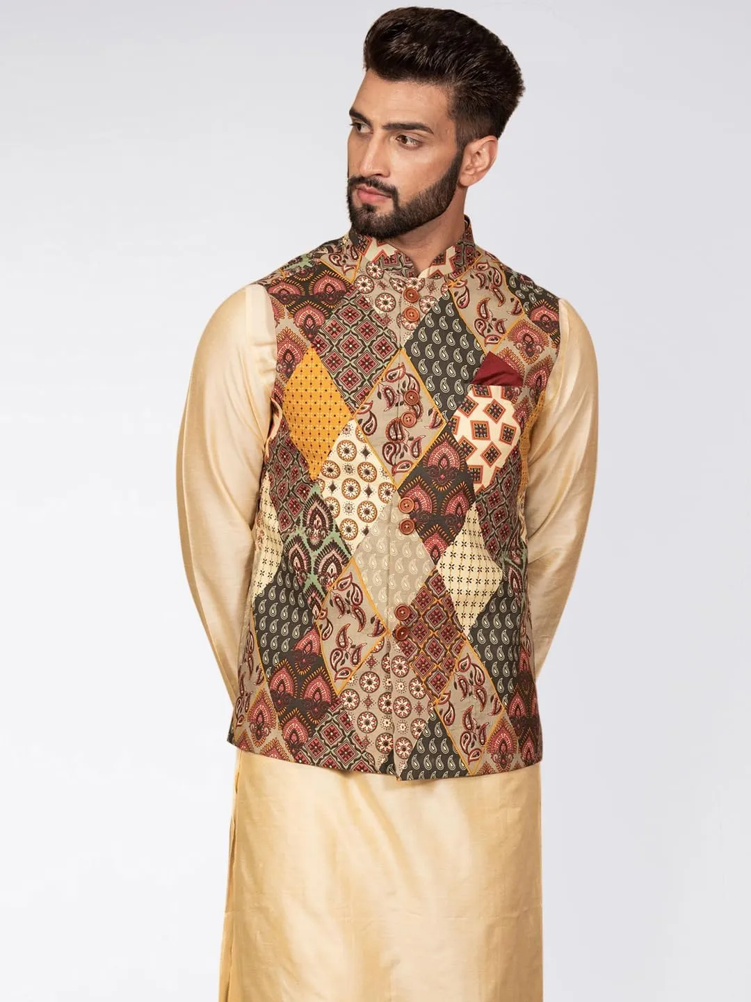 Men's Printed Cotton Nehru Jacket- Traditional Indian Waistcoat for Weddings & Festive Occasions