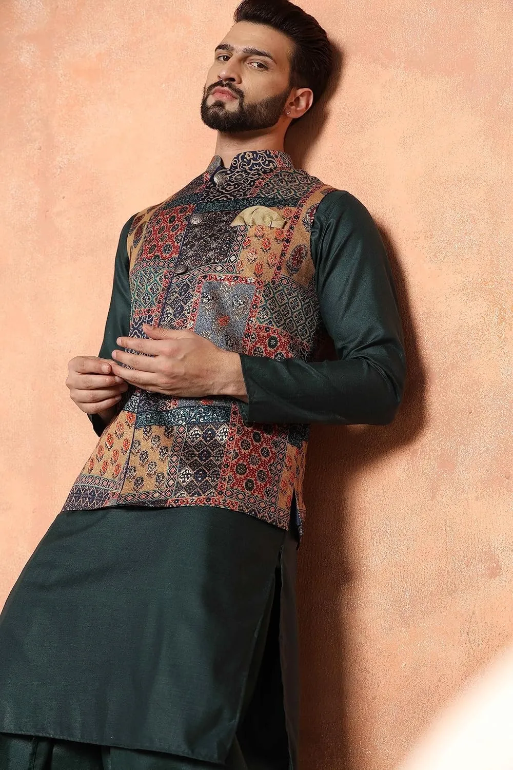 Men's Printed Cotton Nehru Jacket- Traditional Indian Waistcoat for Weddings & Festive Occasions