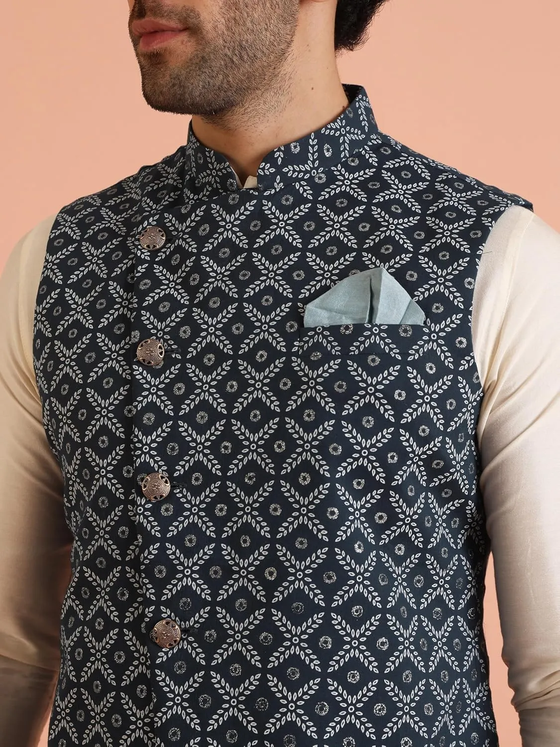 Men's Printed Cotton Nehru Jacket- Traditional Indian Waistcoat for Weddings & Festive Occasions