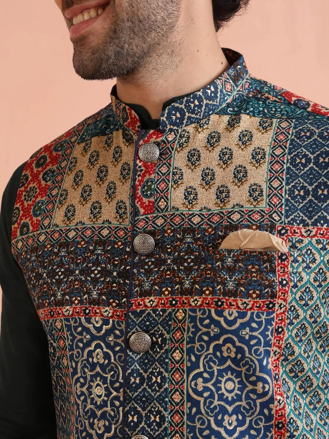 Men's Printed Cotton Nehru Jacket- Traditional Indian Waistcoat for Weddings & Festive Occasions