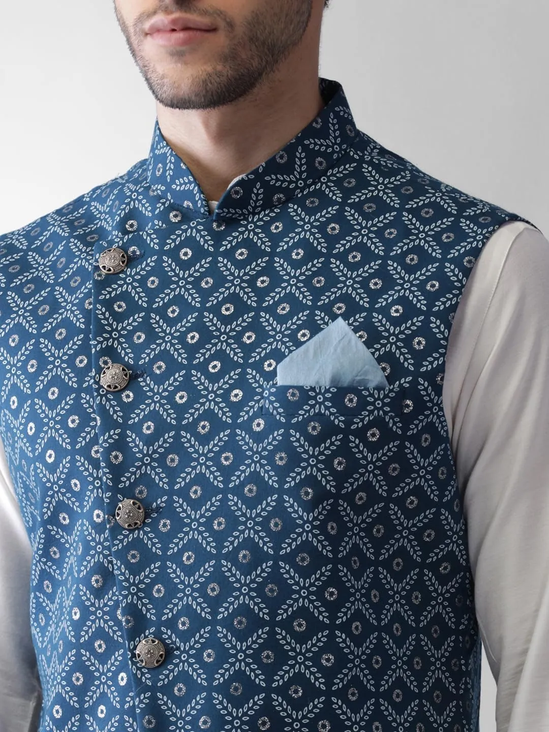 Men's Printed Cotton Nehru Jacket- Traditional Indian Waistcoat for Weddings & Festive Occasions