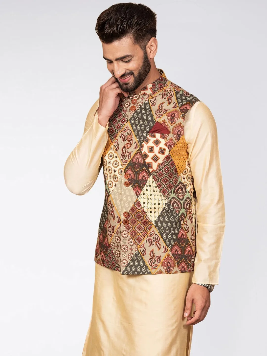 Men's Printed Cotton Nehru Jacket- Traditional Indian Waistcoat for Weddings & Festive Occasions