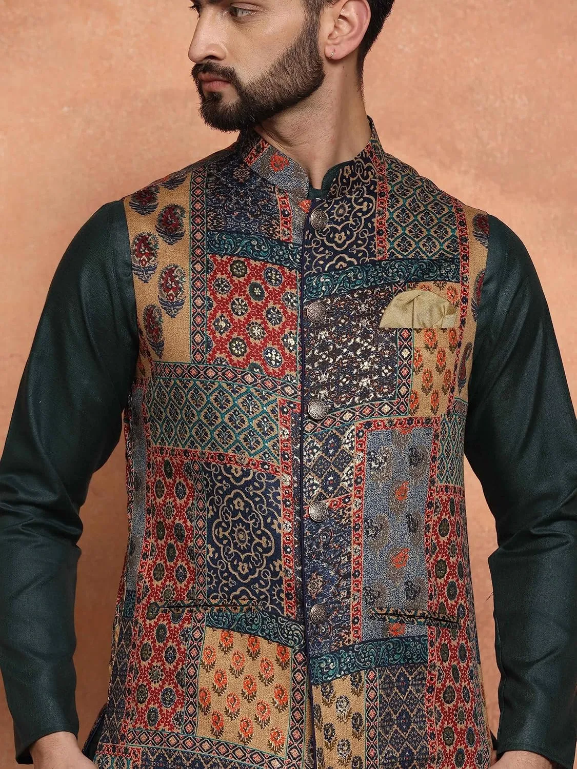 Men's Printed Cotton Nehru Jacket- Traditional Indian Waistcoat for Weddings & Festive Occasions