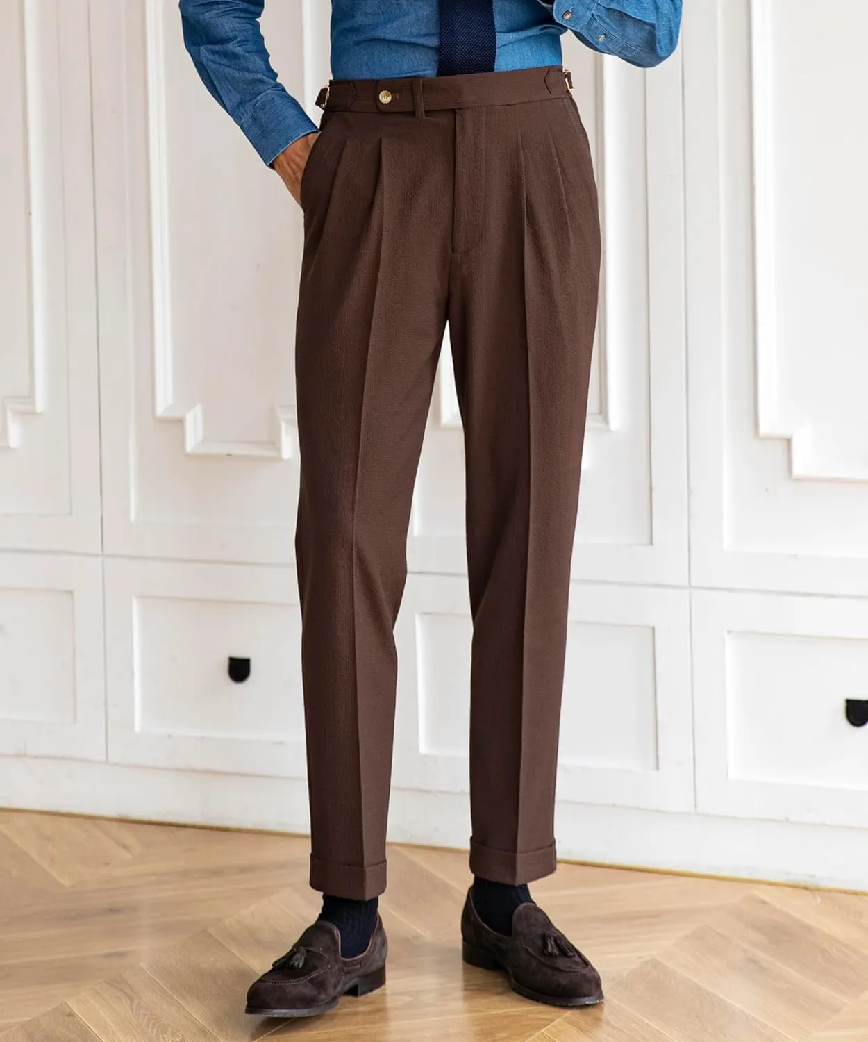 Men's Spring/Summer Thin Style Bubble Fabric Classic Gurkha Naples Italian Old Money Style Dress Pants
