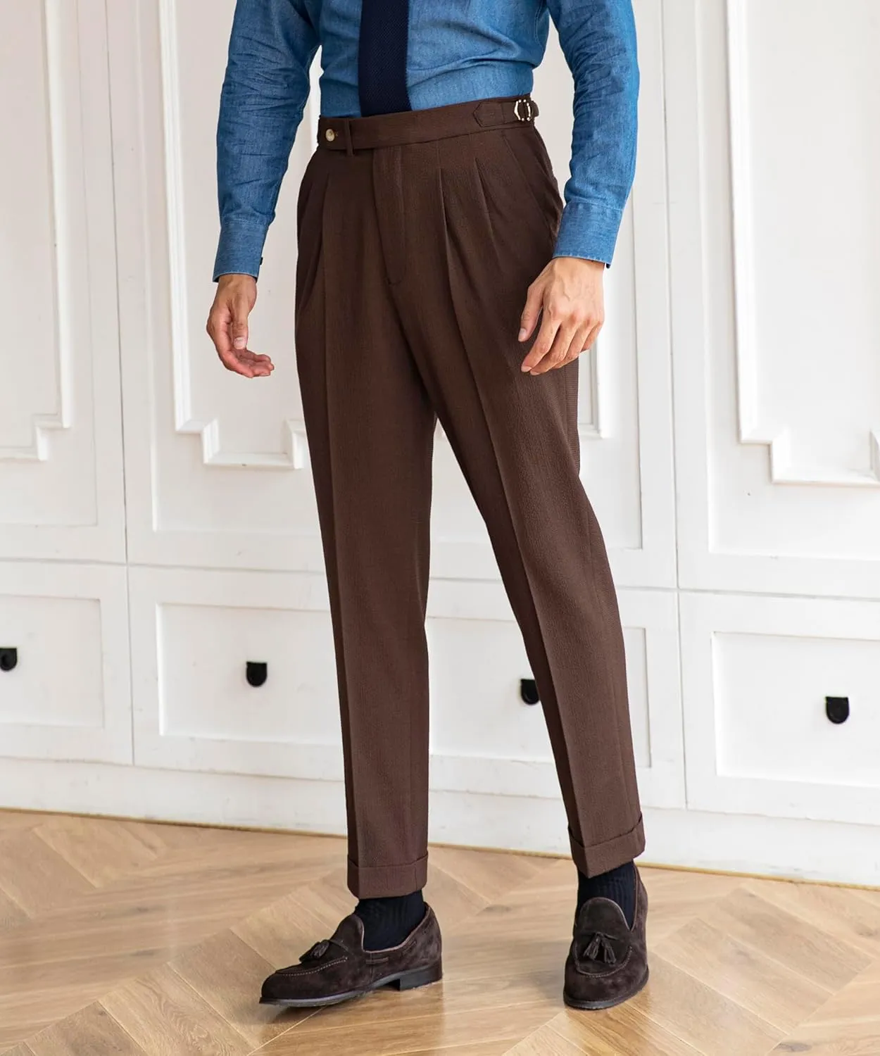 Men's Spring/Summer Thin Style Bubble Fabric Classic Gurkha Naples Italian Old Money Style Dress Pants