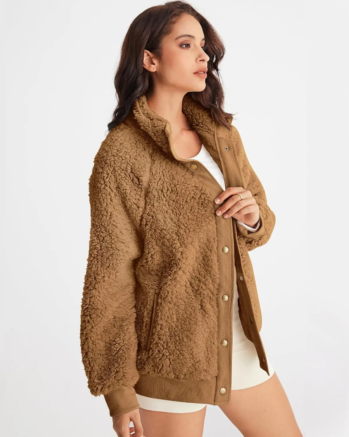 MEROKEETY Women's 2025 Winter Long Sleeve Button Sherpa Jacket Coat Pockets Warm Fleece