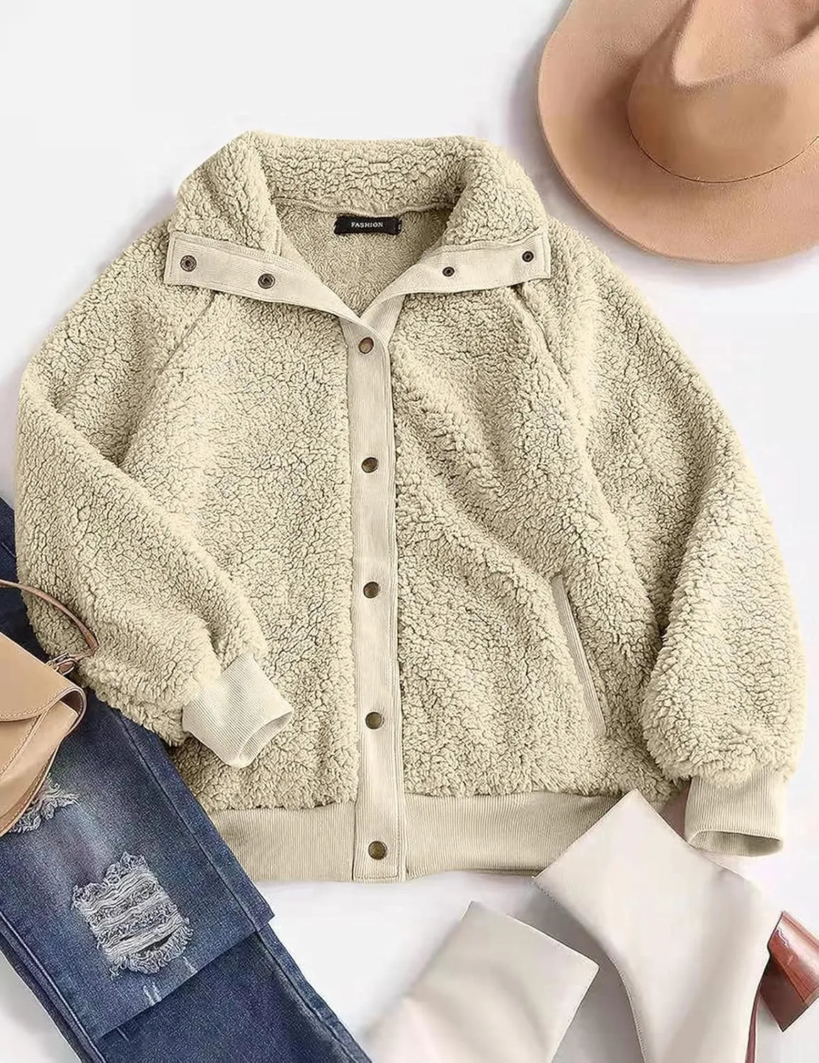 MEROKEETY Women's 2025 Winter Long Sleeve Button Sherpa Jacket Coat Pockets Warm Fleece