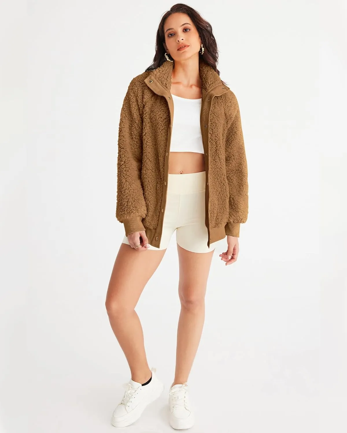 MEROKEETY Women's 2025 Winter Long Sleeve Button Sherpa Jacket Coat Pockets Warm Fleece