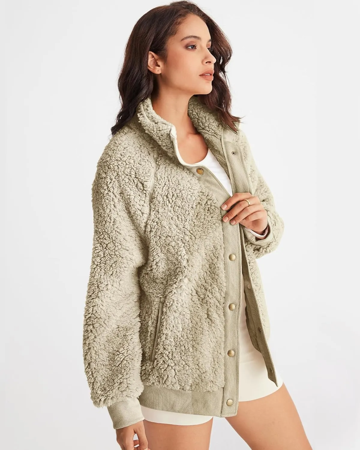 MEROKEETY Women's 2025 Winter Long Sleeve Button Sherpa Jacket Coat Pockets Warm Fleece