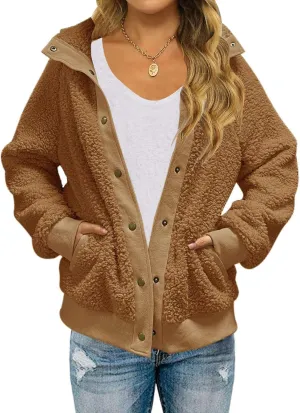 MEROKEETY Women's 2025 Winter Long Sleeve Button Sherpa Jacket Coat Pockets Warm Fleece