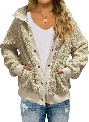 MEROKEETY Women's 2025 Winter Long Sleeve Button Sherpa Jacket Coat Pockets Warm Fleece