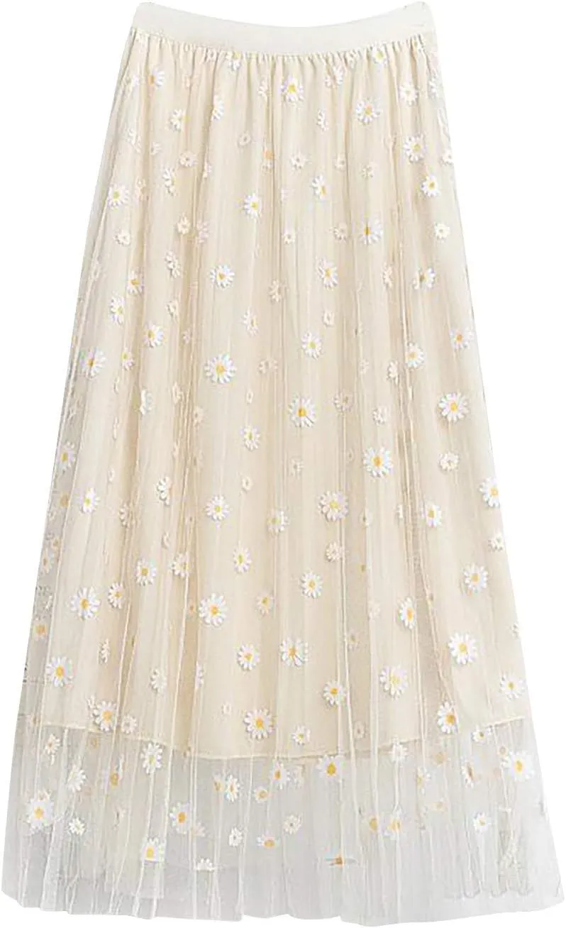 Midi Skirts for Women Swing Pleated Floral Printed Women Overlay Waist A-LineTulle Elastic Big Mid Length Skirts