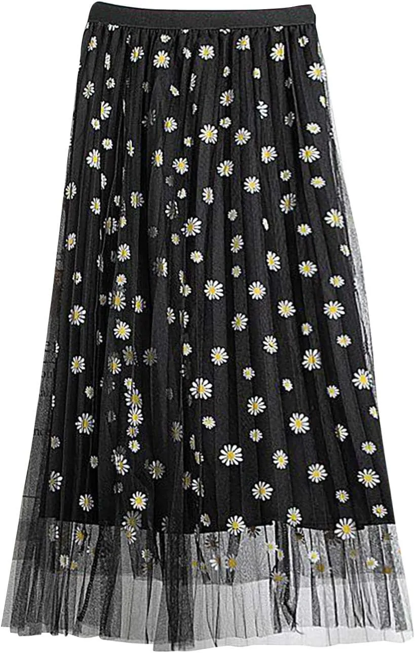 Midi Skirts for Women Swing Pleated Floral Printed Women Overlay Waist A-LineTulle Elastic Big Mid Length Skirts