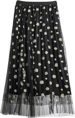 Midi Skirts for Women Swing Pleated Floral Printed Women Overlay Waist A-LineTulle Elastic Big Mid Length Skirts