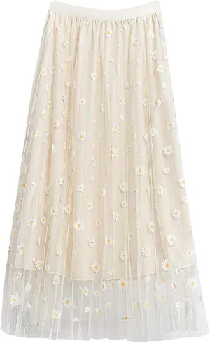 Midi Skirts for Women Swing Pleated Floral Printed Women Overlay Waist A-LineTulle Elastic Big Mid Length Skirts