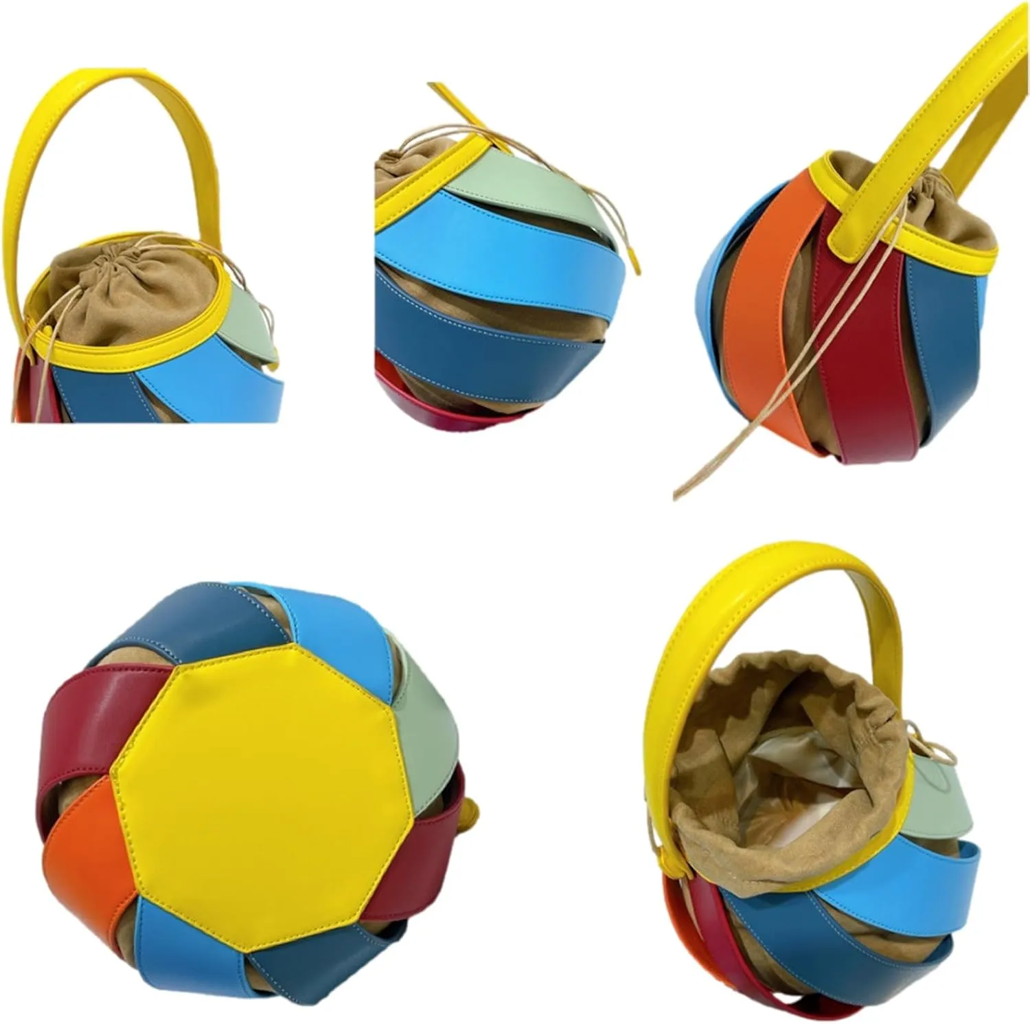Mini Colorful Bucket Bag for Women PU Drawstring Tote Crossbody Bag Unique Patchwork Bag