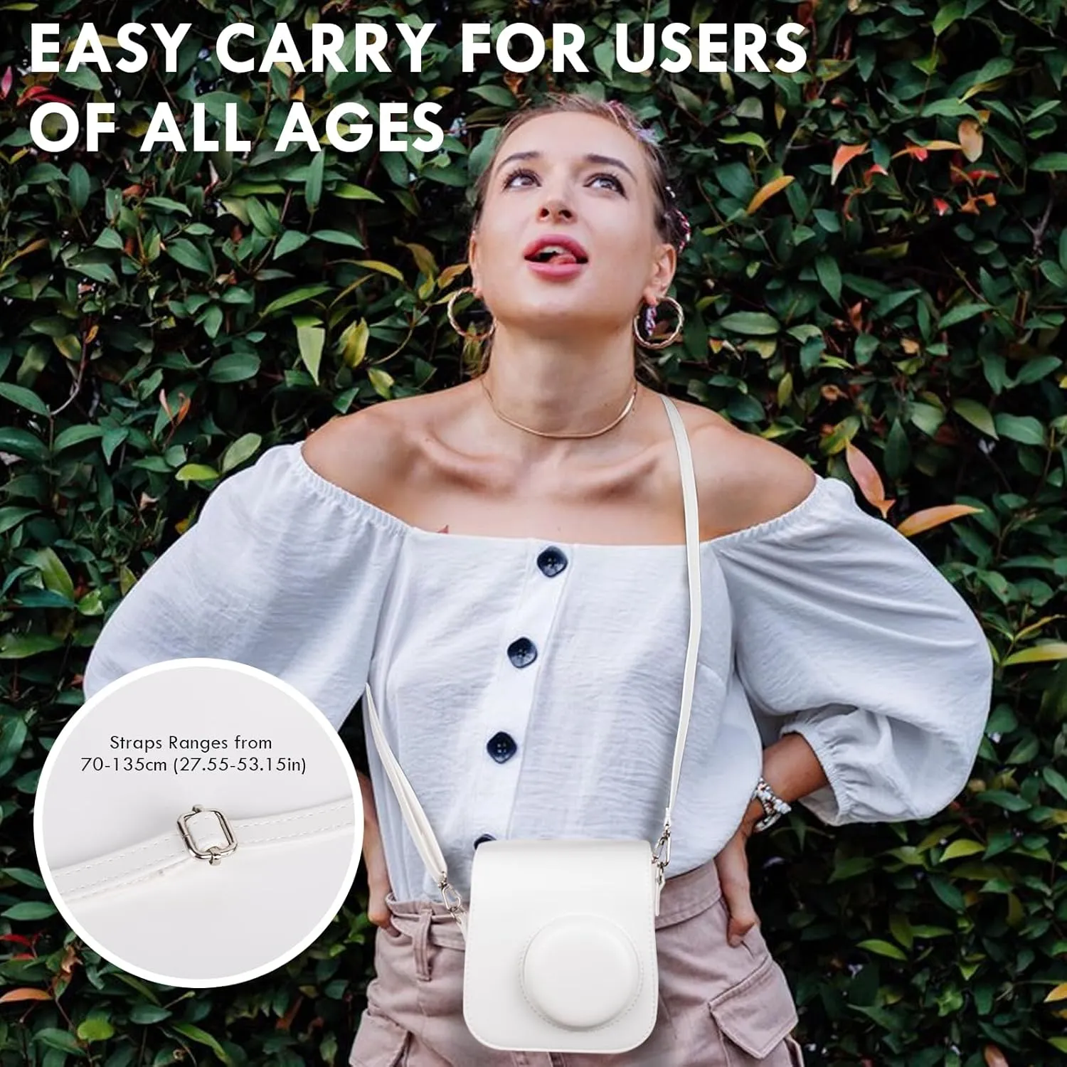 Mini Leather Case, Protective Case Compatible with Fujifilm Instax SE/7  Instant Camera, Cover with Shoulder Strap - Solid White