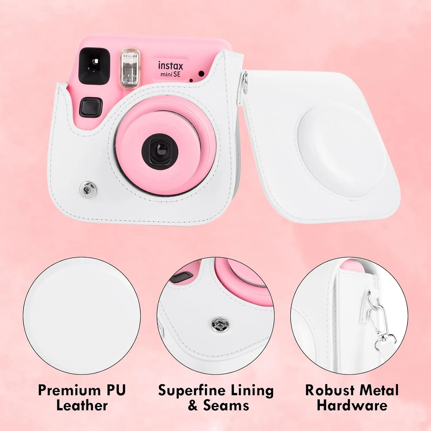 Mini Leather Case, Protective Case Compatible with Fujifilm Instax SE/7  Instant Camera, Cover with Shoulder Strap - Solid White