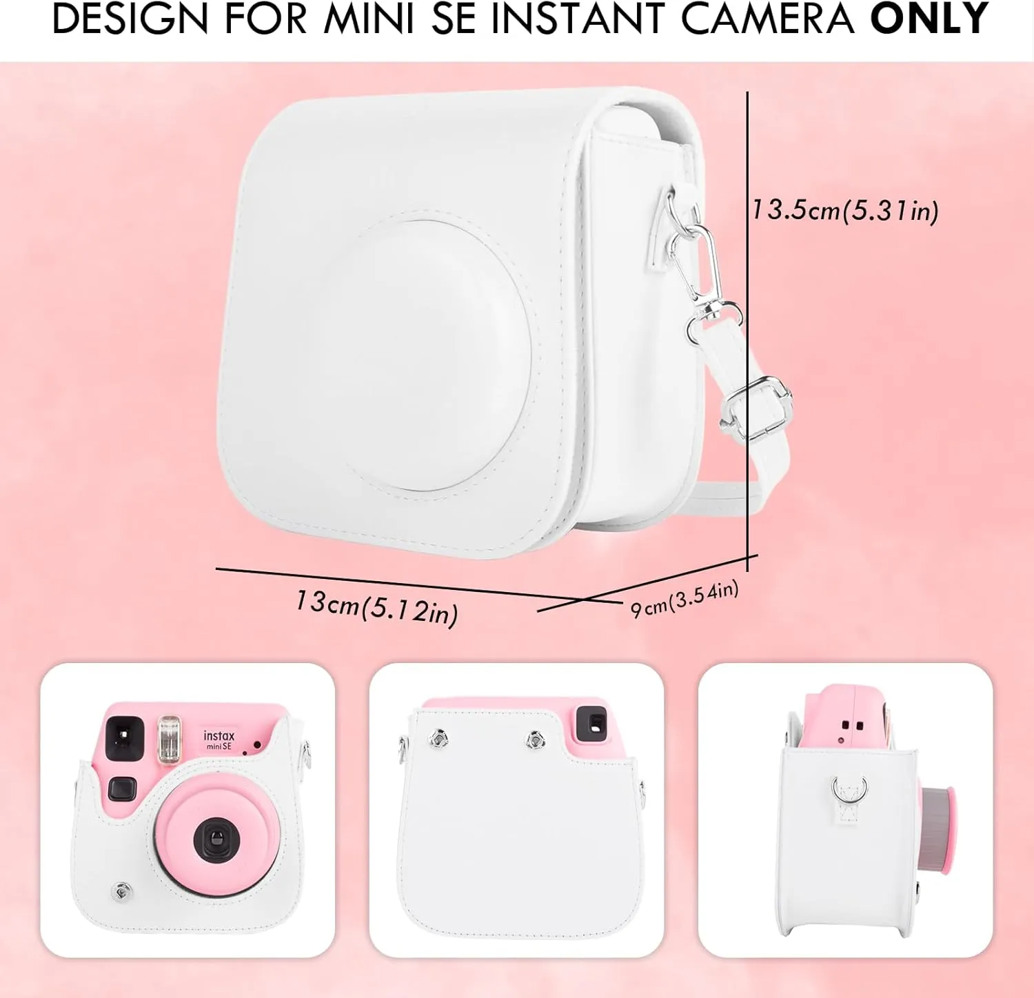 Mini Leather Case, Protective Case Compatible with Fujifilm Instax SE/7  Instant Camera, Cover with Shoulder Strap - Solid White
