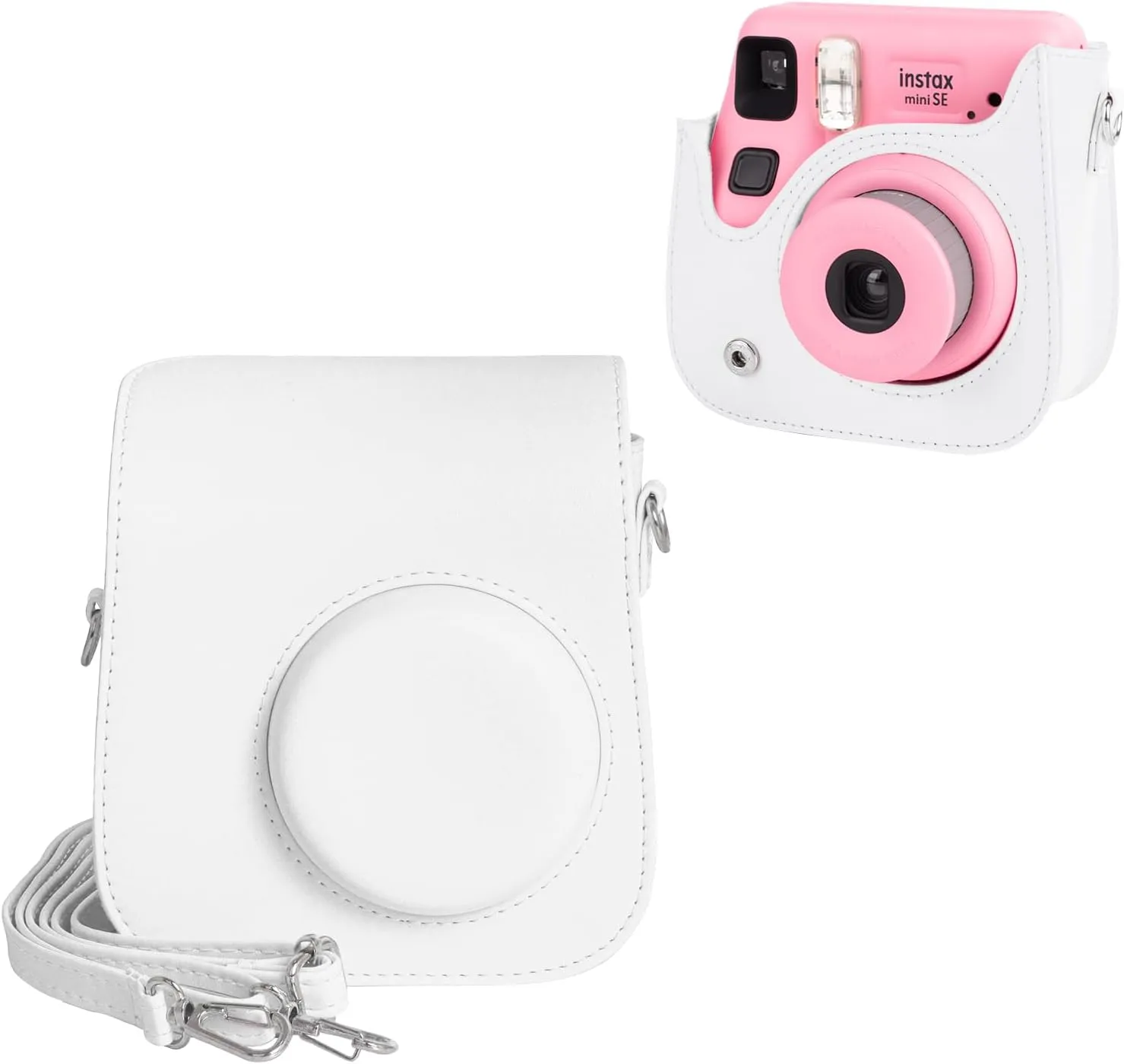 Mini Leather Case, Protective Case Compatible with Fujifilm Instax SE/7  Instant Camera, Cover with Shoulder Strap - Solid White